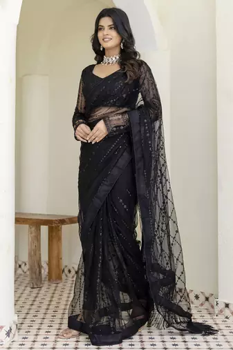 Beautifully black sequins and thread embroidered with stone work Soft Mono Net fabric indian designer saree