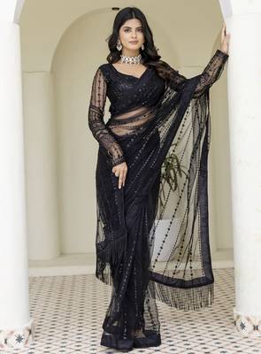 Beautifully black sequins and thread embroidered with stone work Soft Mono Net fabric designer saree 7