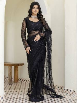 Beautifully black sequins and thread embroidered with stone work Soft Mono Net fabric designer saree 8