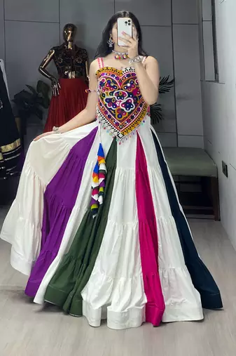 Multicolor Frilled Pattern Navratri Lehenga Choli With Fully Stitched Blouse