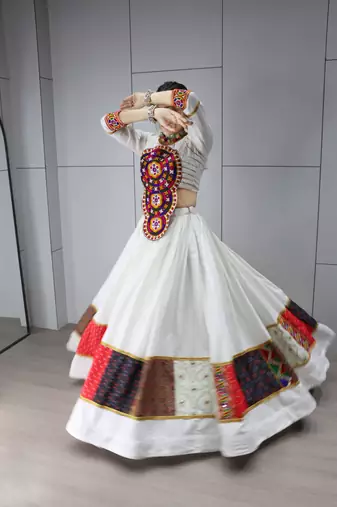 White Multi Designs Prints With Real Mirror and Navratri Lehenga Choli With Fully Stitched Blouse