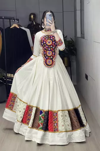 White Multi Designs Prints With Real Mirror and Navratri Lehenga Choli With Fully Stitched Blouse
