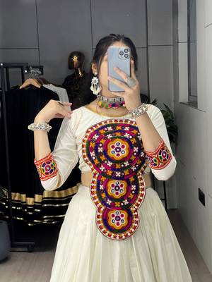 White Multi Designs Prints With Real Mirror and Navratri Lehenga Choli With Fully Stitched Blouse 4