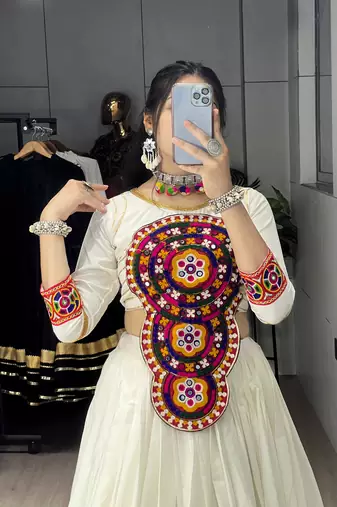 White Multi Designs Prints With Real Mirror and Navratri Lehenga Choli With Fully Stitched Blouse