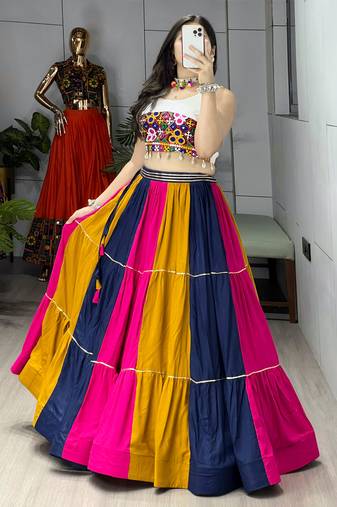 Multicolor Frilled Pattern Navratri Lehenga Choli With Fully Stitched Blouse