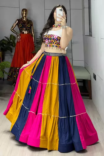Multicolor Frilled Pattern Navratri Lehenga Choli With Fully Stitched Blouse