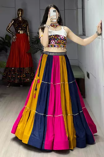 Multicolor Frilled Pattern Navratri Lehenga Choli With Fully Stitched Blouse
