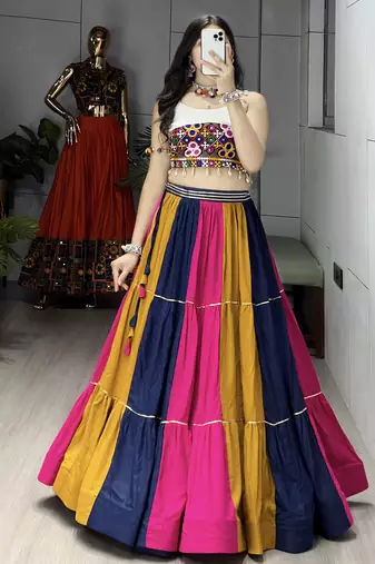 Multicolor Frilled Pattern Navratri Lehenga Choli With Fully Stitched Blouse
