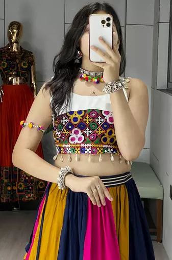 Multicolor Frilled Pattern Navratri Lehenga Choli With Fully Stitched Blouse