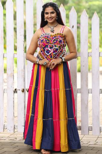 Multicolor Frilled Pattern Navratri Lehenga Choli With Fully Stitched Blouse