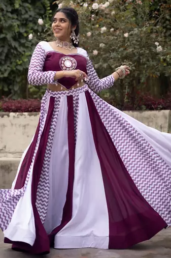 Wine-White Kali Work With Multiple Leheriya Navratri Lehenga Choli With Fully Stitched Blouse