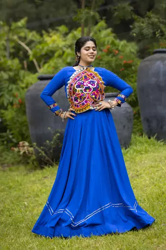 Royal-Blue  Plain With Work on Border Navratri Lehenga Choli With Fully Stitched Blouse