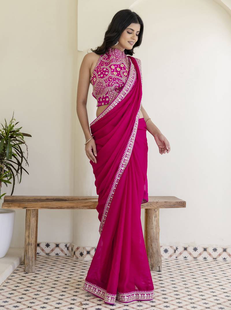 Hot Pink Rangoli Silk Cording Embroidered & 3 MM +7 MM Double Sequins Bridal Saree