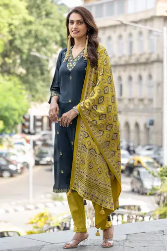 Embroidered Hand Work Straight Kurta With Trousers & With Dupatta