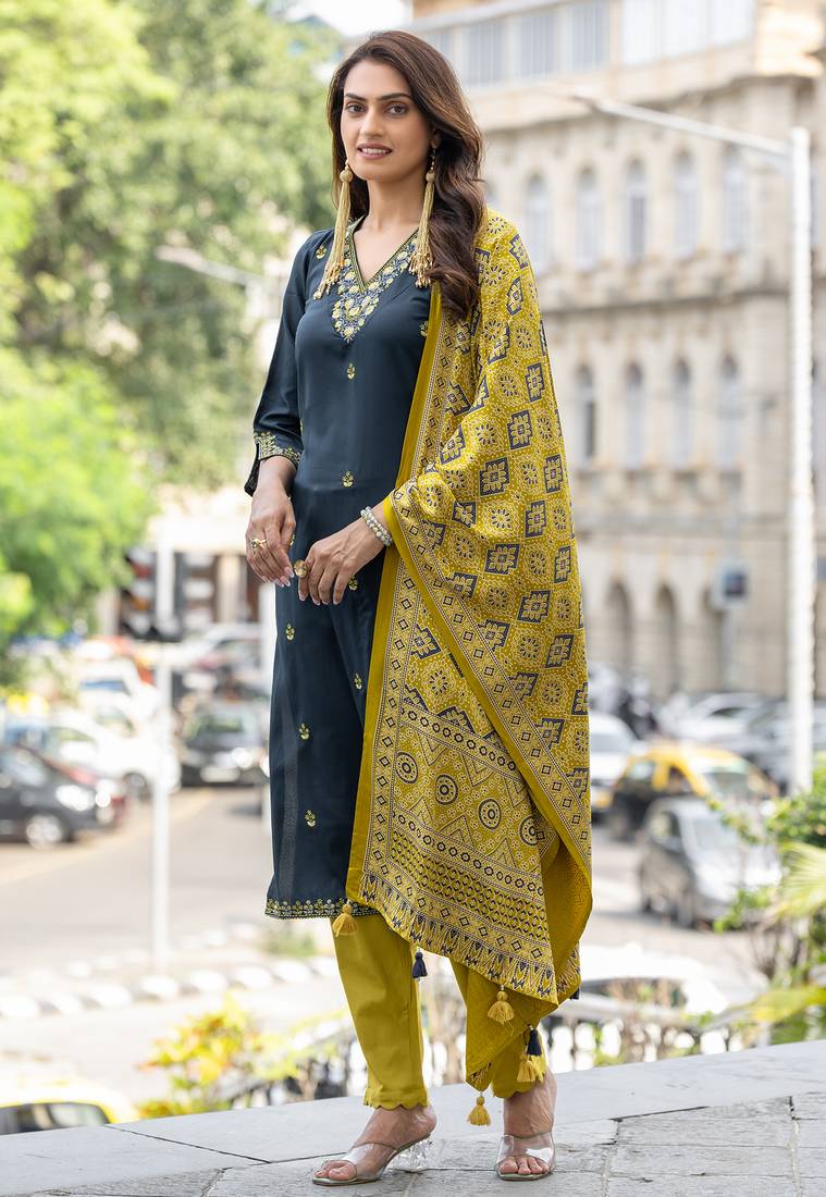 Embroidered Hand Work Straight Kurta With Trousers & With Dupatta