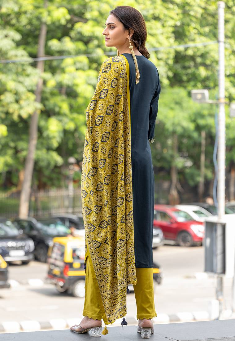 Embroidered Hand Work Straight Kurta With Trousers & With Dupatta