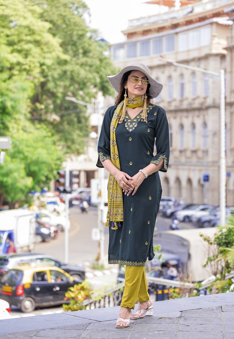 Embroidered Hand Work Straight Kurta With Trousers & With Dupatta