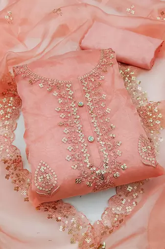 Peach sequins embroidered dress material