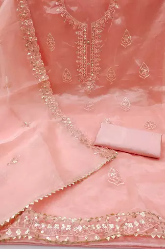 Peach sequins embroidered dress material