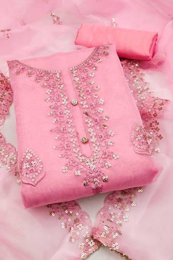 Pink sequins embroidered dress material