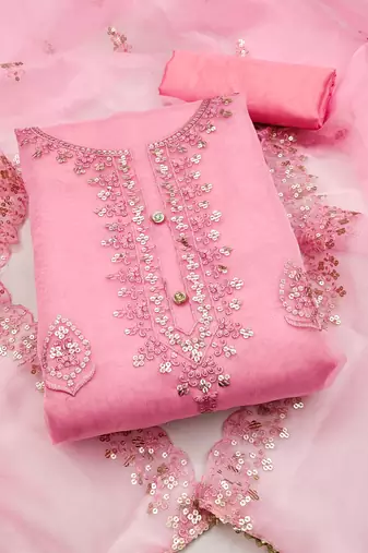 Pink sequins embroidered dress material