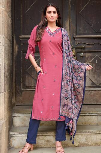 Embroidered Hand Work Straight Kurta With Trousers & With Dupatta
