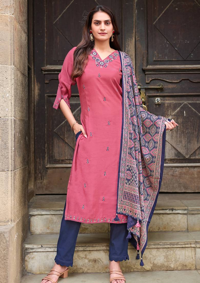 Embroidered Hand Work Straight Kurta With Trousers & With Dupatta