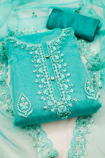 Turquoise sequins embroidered dress material