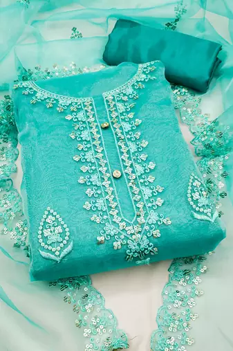 Turquoise sequins embroidered dress material