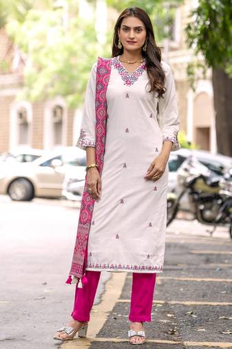 Embroidered Hand Work Straight Kurta With Trousers & With Dupatta