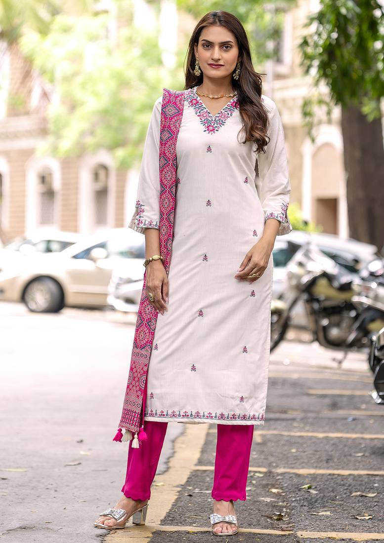 Embroidered Hand Work Straight Kurta With Trousers & With Dupatta