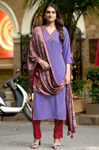 Embroidered Hand Work Straight Kurta With Trousers & With Dupatta