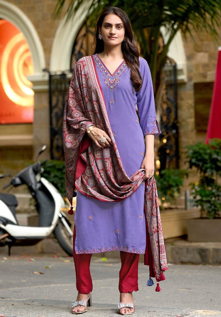 Embroidered Hand Work Straight Kurta With Trousers & With Dupatta