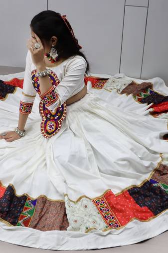 White Multi Designs Prints With Real Mirror and Navratri Lehenga Choli With Fully Stitched Blouse