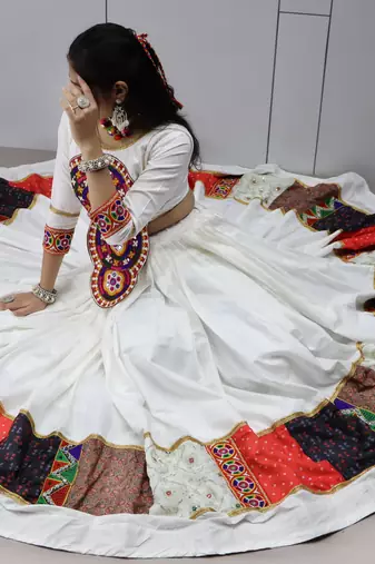 White Multi Designs Prints With Real Mirror and Navratri Lehenga Choli With Fully Stitched Blouse