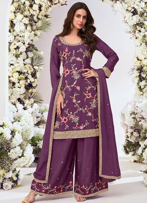 Purple chinon silk embroidered Palazzo suit 1