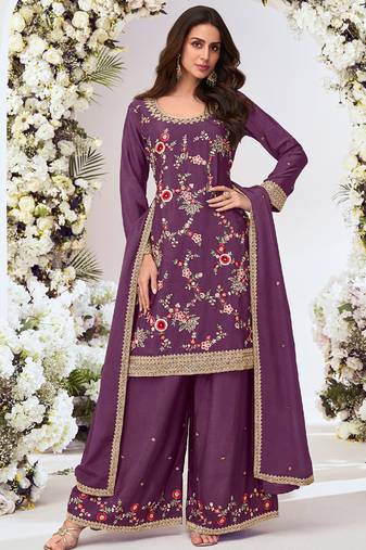 Purple chinon silk embroidered plazzo suit
