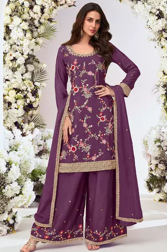Purple chinon silk embroidered plazzo suit
