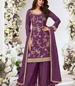 Purple chinon silk embroidered Palazzo suit