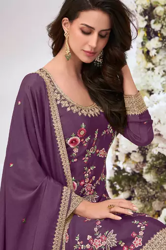 Purple chinon silk embroidered Palazzo suit