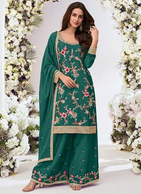Green chinon silk embroidered Palazzo suit 1