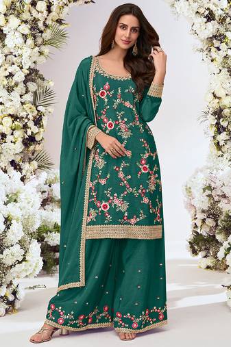 Green chinon silk embroidered plazzo suit