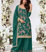 Green chinon silk embroidered Palazzo suit