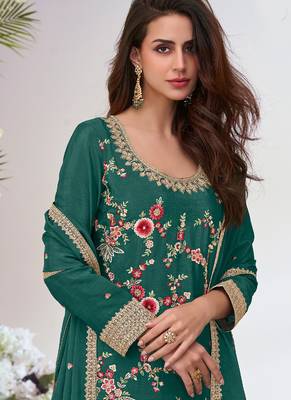 Green chinon silk embroidered Palazzo suit 2