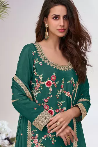 Green chinon silk embroidered Palazzo suit