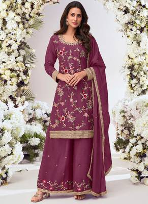 Wine chinon silk embroidered Palazzo suit 1