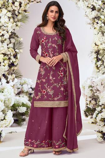 Wine chinon silk embroidered plazzo suit