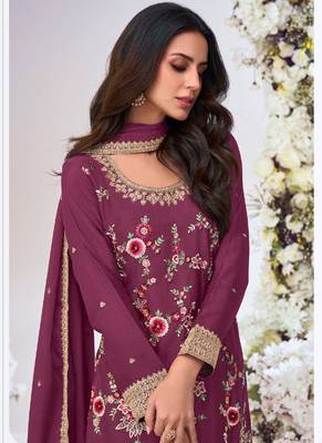 Wine chinon silk embroidered Palazzo suit 2