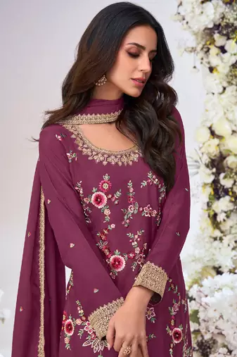 Wine chinon silk embroidered Palazzo suit