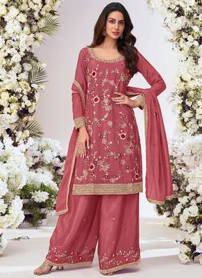 Peach chinon silk embroidered Palazzo suit 1